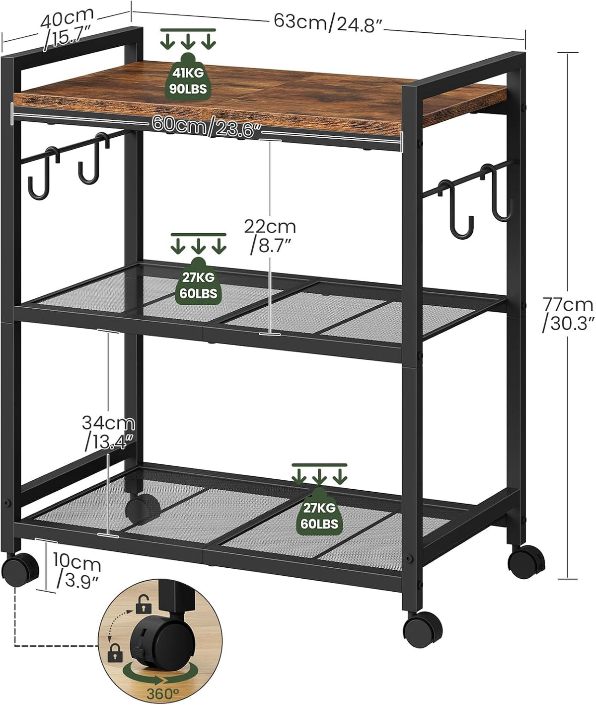 3-Tier Rolling Bar Cart