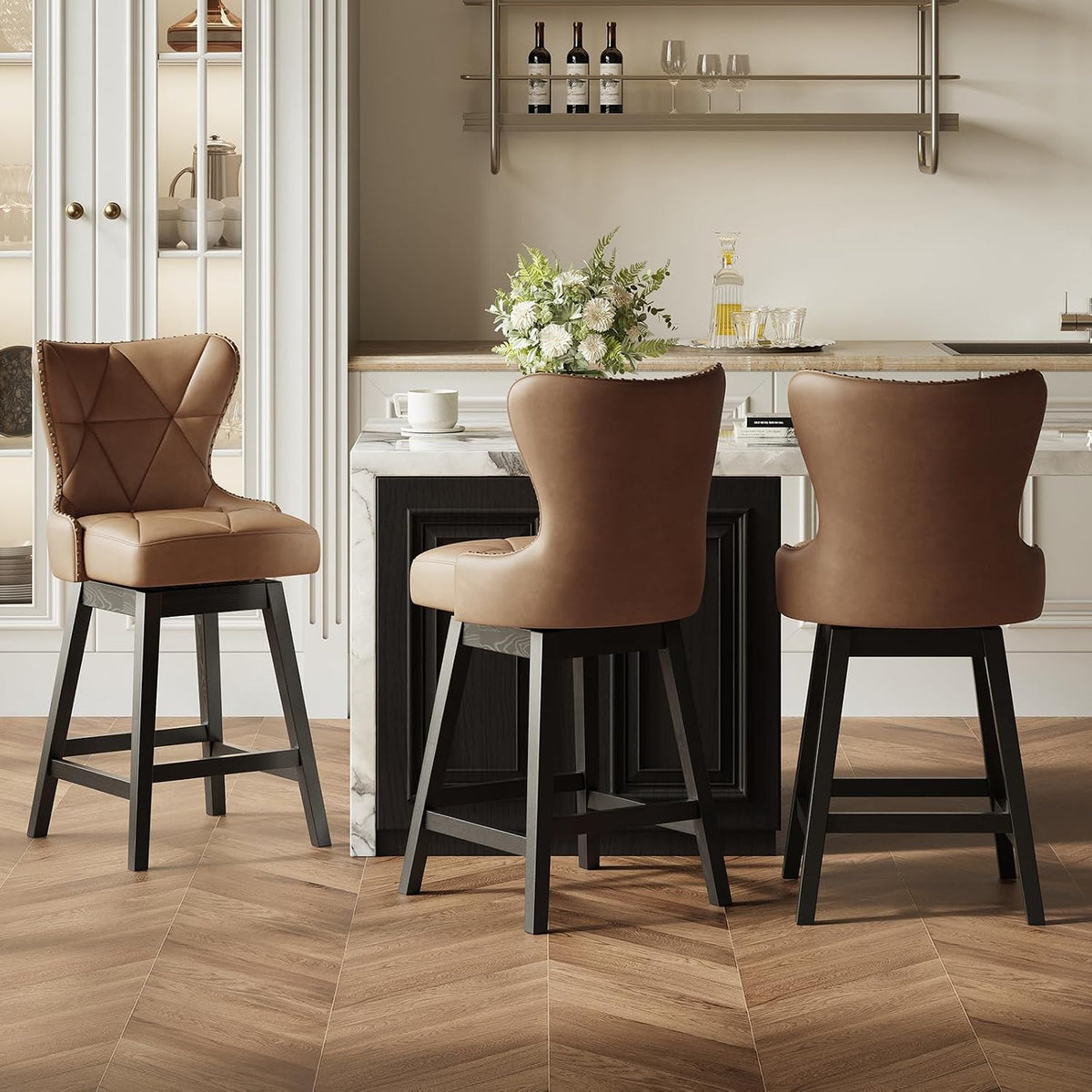 3 Swivel Wood Leg Bar Stools