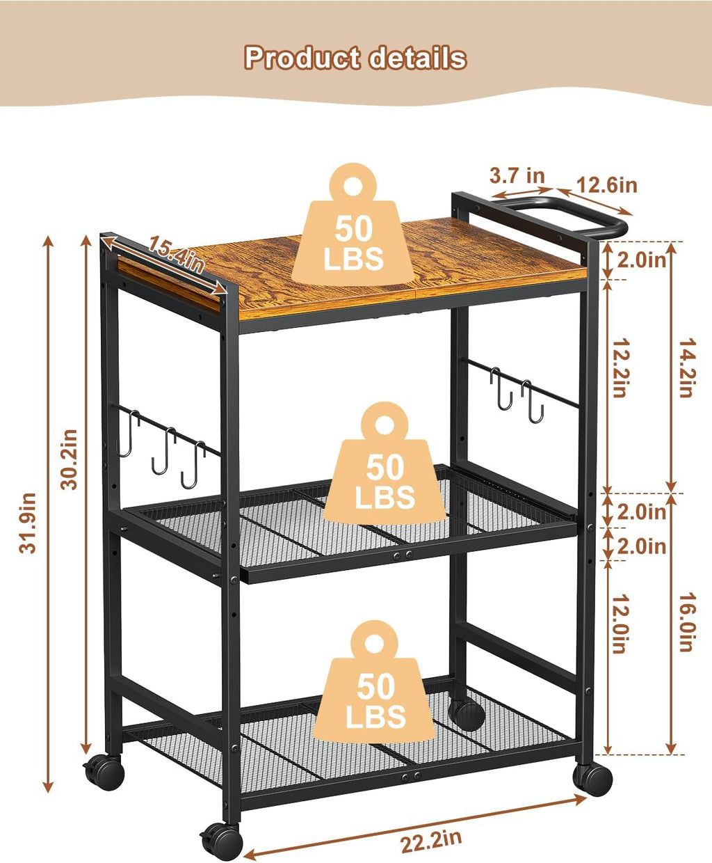 3-Tier Rolling Kitchen Cart
