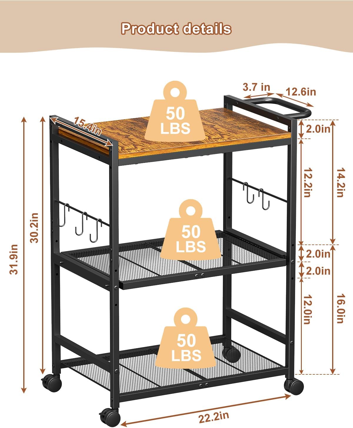 3-Tier Rolling Kitchen Cart
