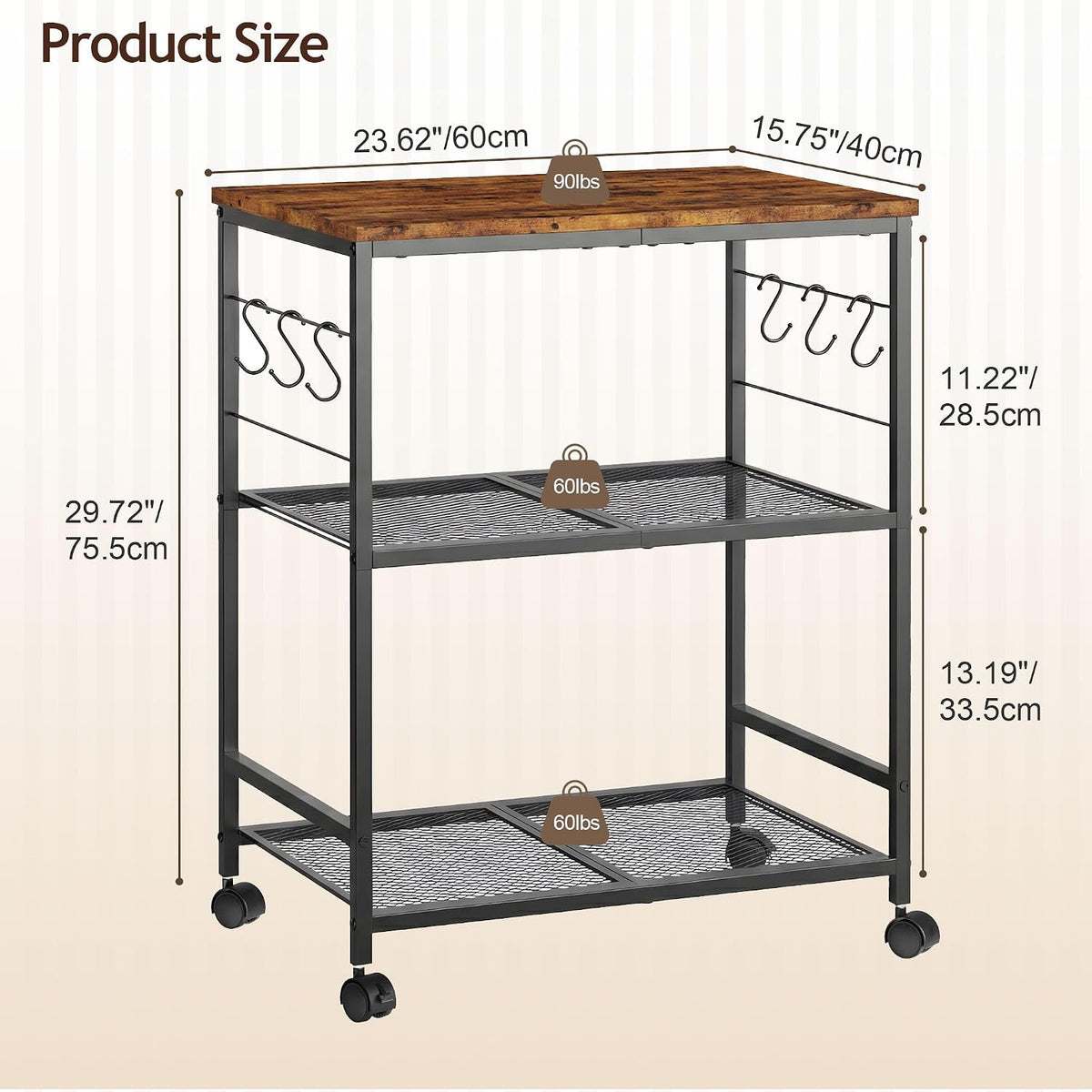 3-Tier Rolling Kitchen Microwave Cart